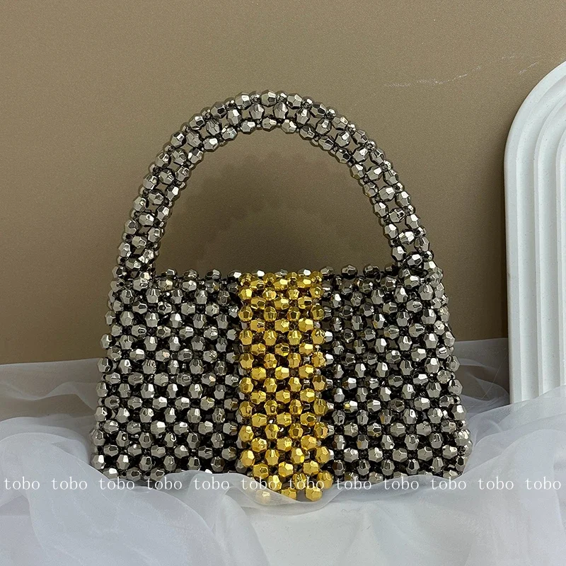 

2023 Sliver Metal Color Acrylic Bead Box Purses for Women Summer Beach Beaded Handbags Ladies Evening Fashion Luxury Bag