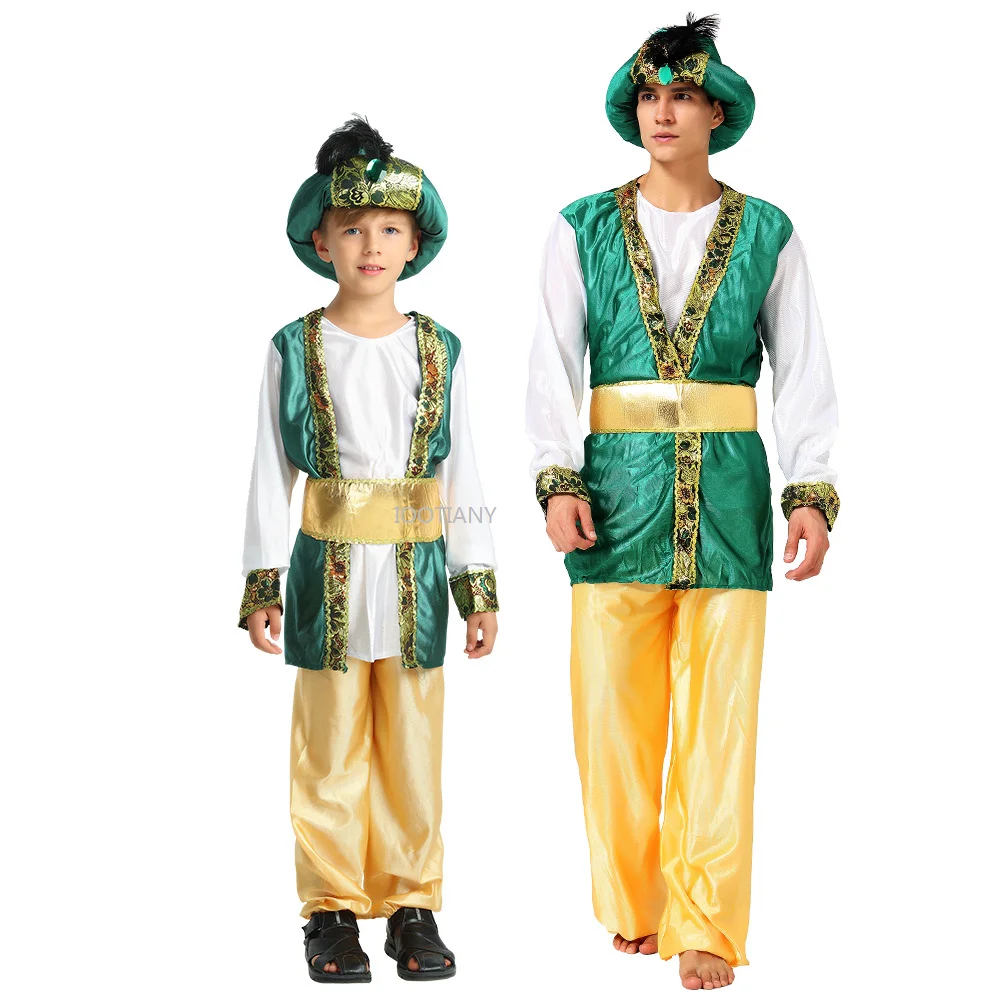 

Parent-child Arabian Green Prince Role Play Costume Children Aladdin Lamp Genie Costume Carnival Adam Prince Fantasia Clothing