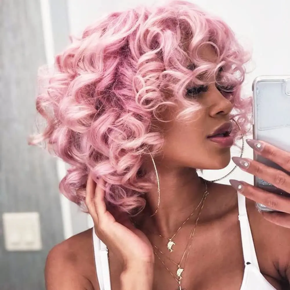 

Curly Wigs Synthetic Heat Resistant Wigs Bouncy Curls Wigs with Bangs Pink Wig 14 inch Chemical Fiber Wig Bangs Wig Daily Used