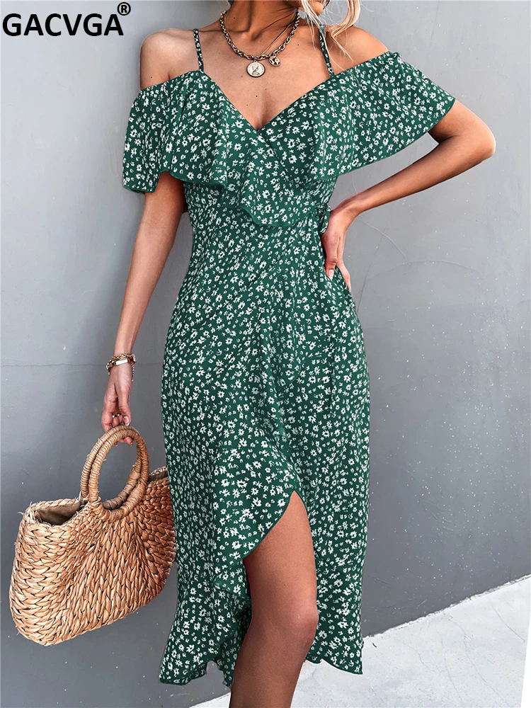 

GACVGA Ruffles 2022 Summer Dress For Women Scallop Irregular Casual Mid Long Printed Floral Beach Dress Vestidos