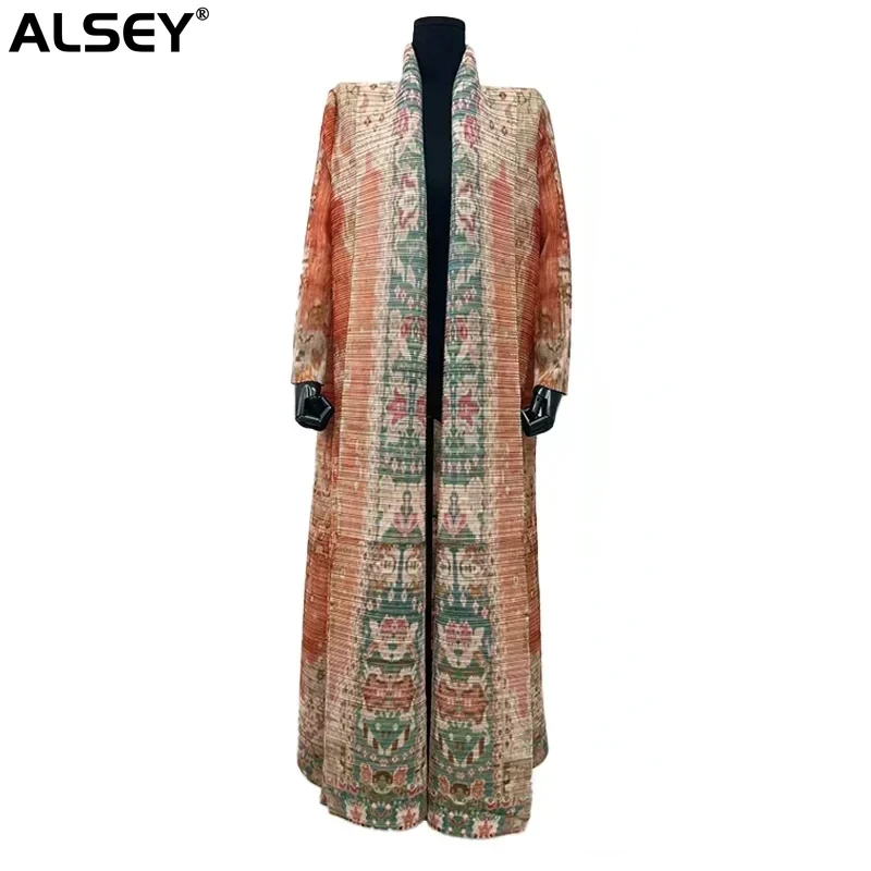 

ALSEY Miyake Pleated Gradient Sense Coat Drees Autumn New Gradient Color Splice Long Sleeve Lace Up Loose Fashion Trench