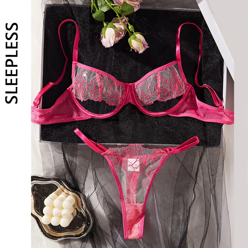 

2024 Sexy Rose Embroidery Underwear Tulle Transparent Bra Set Women Fancy Lingerie 2 Pcs Hollow Rose Red Lace Intimate Underwear