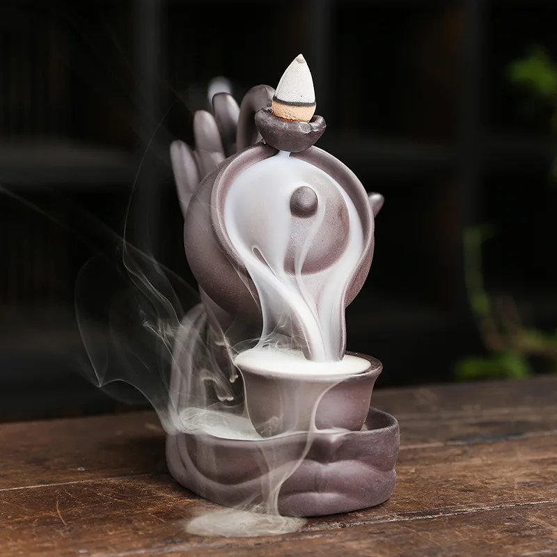 

Waterfall Incense Burner Smoke Incense Holders Teapot Buddha Hand Backflow Handicraft Decoration Fountain For Home Office