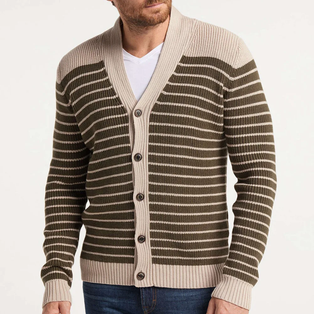 

Jacket Mens Sweater Daily Holiday Overcoat Slim Fit Striped V-Neck Winter Button Down Cardigan Casual Fitting Khaki