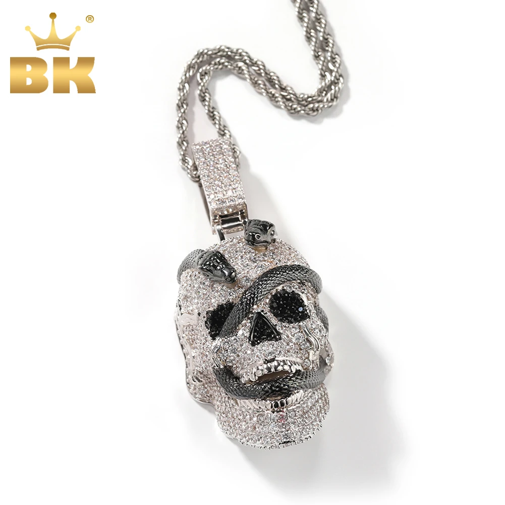 

THE BLING KING Brass Skull Pendent Black Snake Surround Full Iced Out Bling Cubic Zirconia Charm Necklace Fashion Hiphop Jewelry