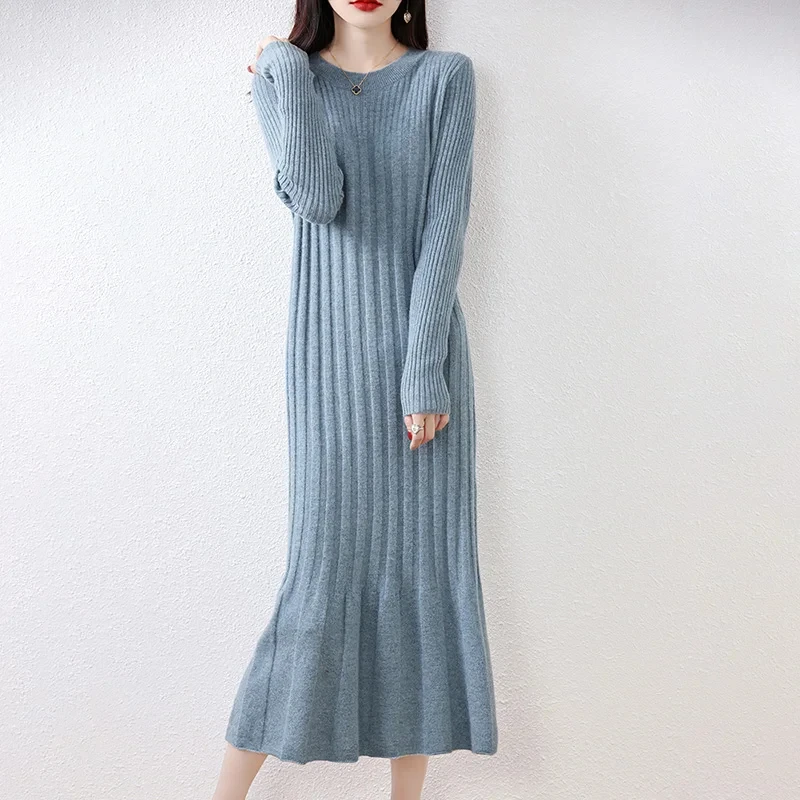 

O-neck Women Loose Strip Dresses Longer 100% Wool Knitted Jumpers 2023 New Fashion Winter Female Mid-calf Soft Cashmere Pullover