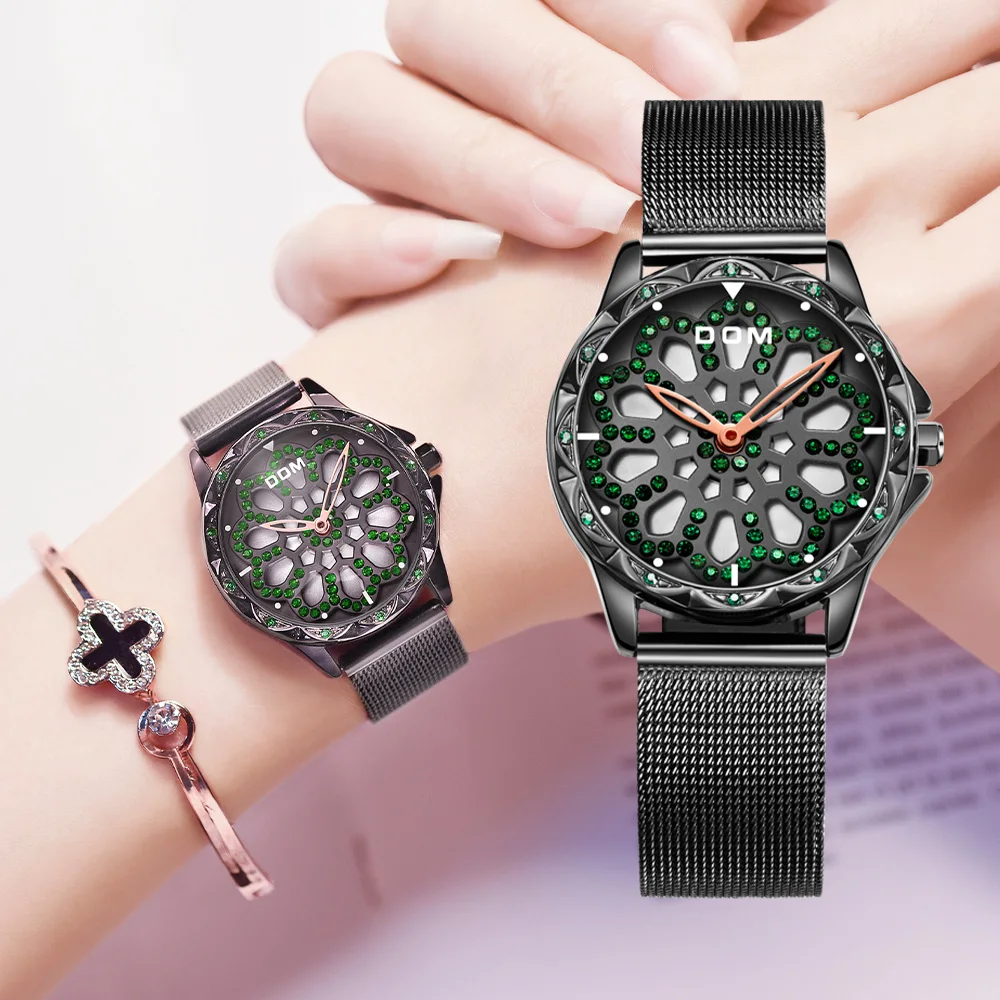 

DOM Brand Luxury Quartz Watches Fashion Casual Hollow out dial Flower Female Wristwatch Waterproof Black Watch Reloj Mujer