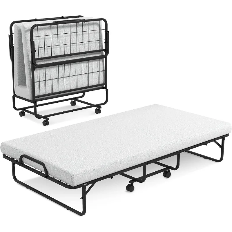 

Folding Bed with 4" Mattress for Adults, Twin Size Rollaway Guest Beds w/Sturdy Metal Frame & Memory Foam Mattress