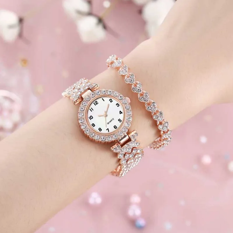 

2 piece set Women's Fashion Quartz Watch Luxury rhinestones WristWatch Ladies Watch Women Dress Bracelet Set Reloj Mujer Clock