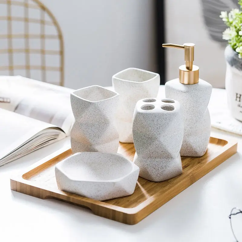 

Luxury Bathroom Ceramic Five-piece Set Mouthwash Cup Toothbrush Holder Bathroom Accessories Geometric Lotion Bottle Soap Dish