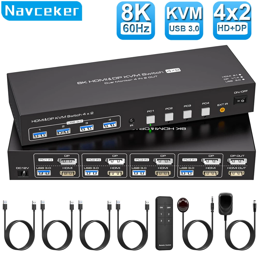 

Navceker 8K HDMI DP KVM Switch 2 Monitors 4 Computers 4K 144Hz Dual Displayport USB 3.0 Switcher for 4 PC Share Keyboard Mouse