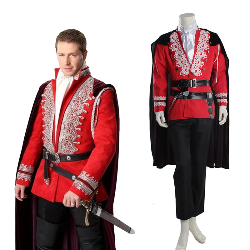 

Once Upon a Time David Nolan Cosplay Costume Red Uniform Prince Suit With Cape Full Set Adult Men Medieval Outfits