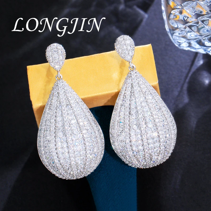 

Luxury Fashion Shiny Full Cubic Zirconia Pave White Gold Color Long Dangling Big Water Drop Earring for Brides Wedding Pageant