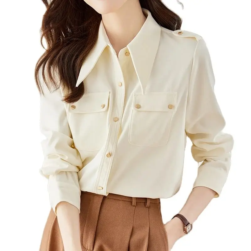 

QOERLIN Twill Brushed Camel Beige Women Shirts Elegant Office Ladies Chic Button Up Turn-Down Collar Long Sleeve Blouse Female