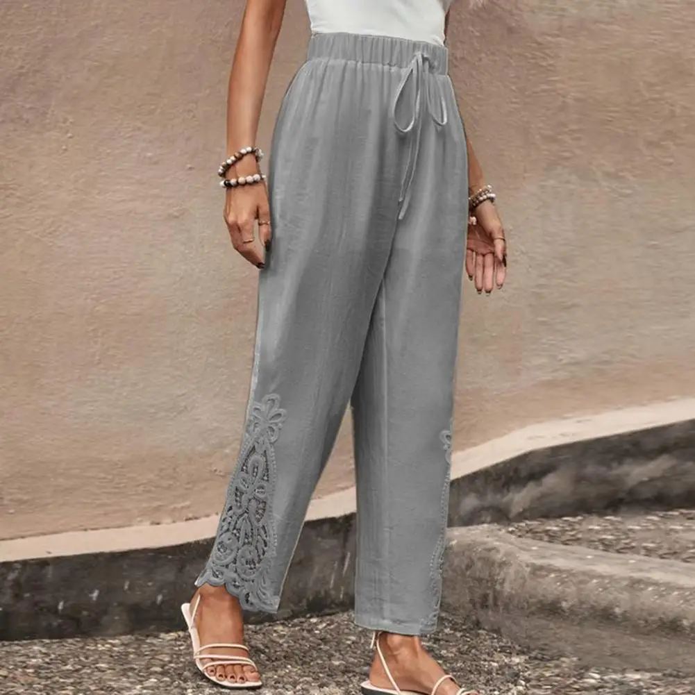 

Women Relaxed Fit Pants Stylish Women's Wide Leg Trousers with Elastic Waist Embroidery Detail Casual Pants with for Everyday
