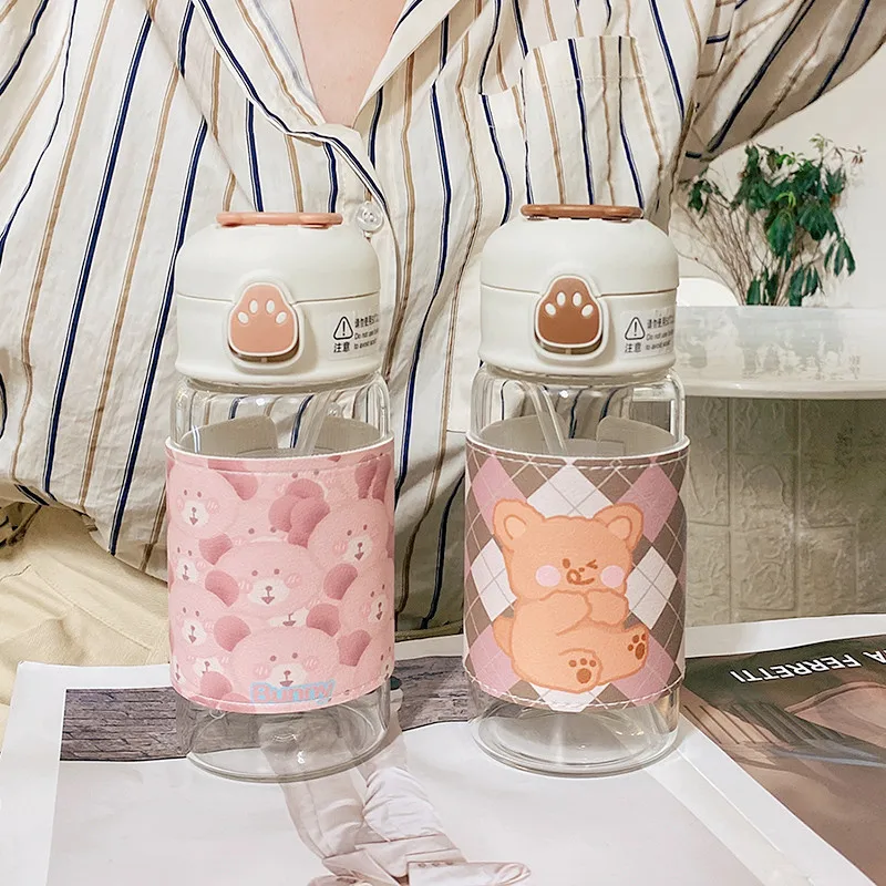 Kawaii Cartoon Glass Water Bottle with Straw 13oz Kawaii Cartoon Glass Water Bottle with Straw 13oz