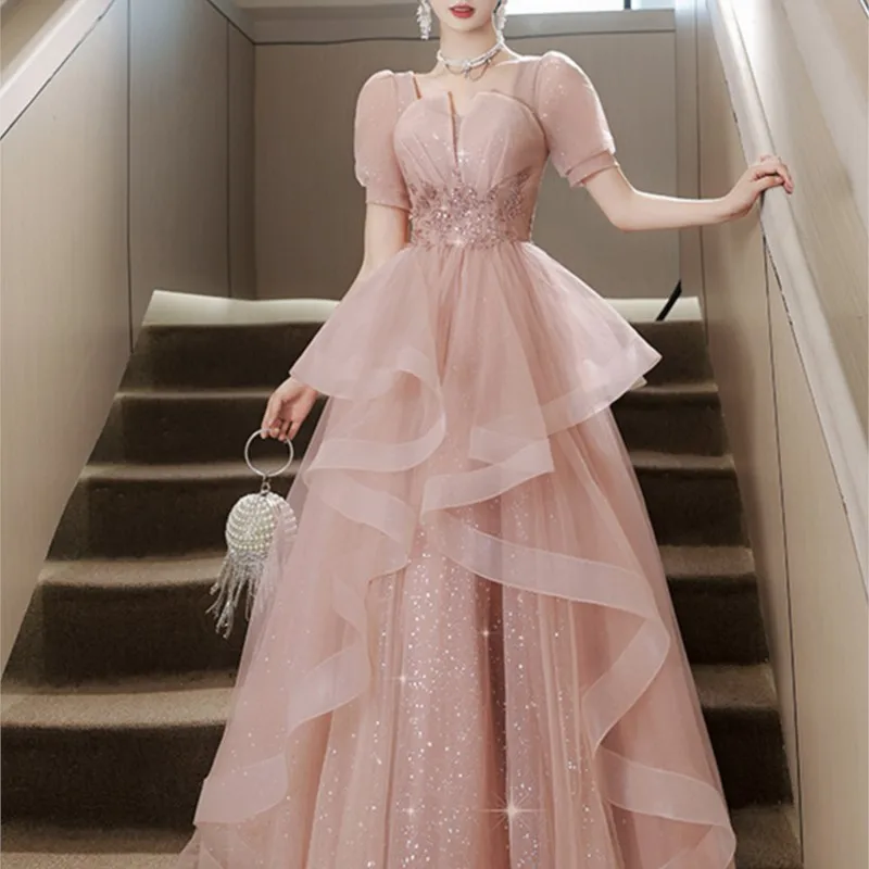 

Pink Evening Dress Female Banquet Host Light Luxury Minority Piano Performance Sense Art Exam Costume