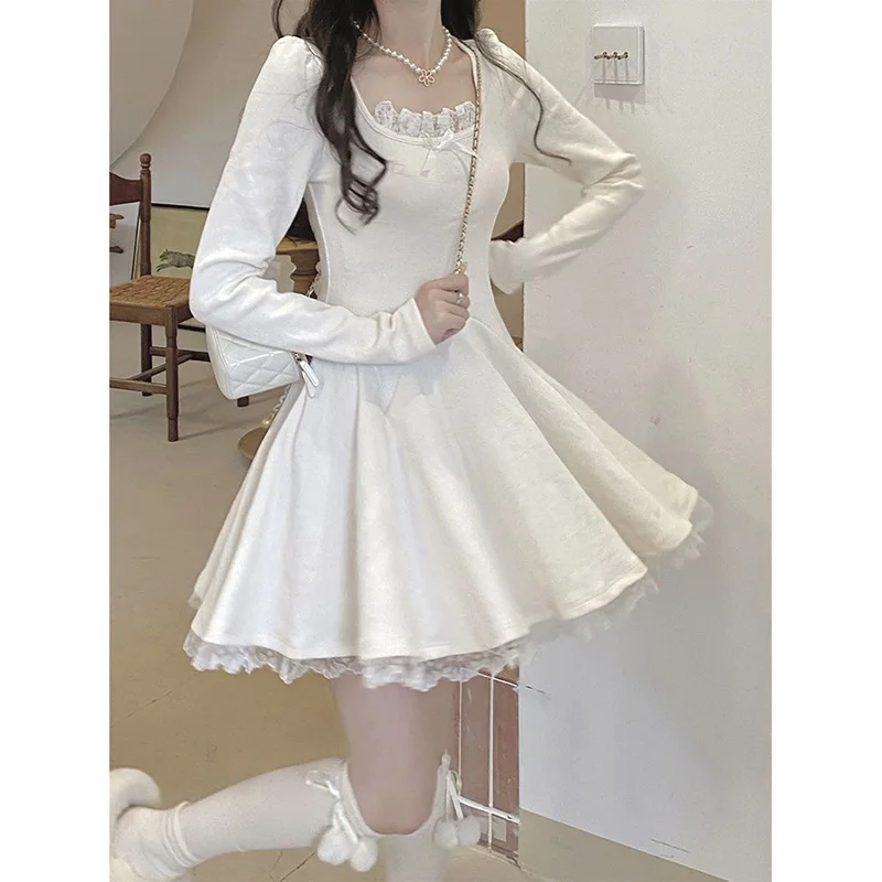 Long Sleeve Autumn Dress For Women Lace Bow Design Korean Style Slim Sweet Solid Fashion Tender Basic All-match Dress Woman
Long Sleeve Autumn Dress For Women Lace Bow Design Korean Style Slim Sweet Solid Fashion Tender Basic All-match Dress Woman