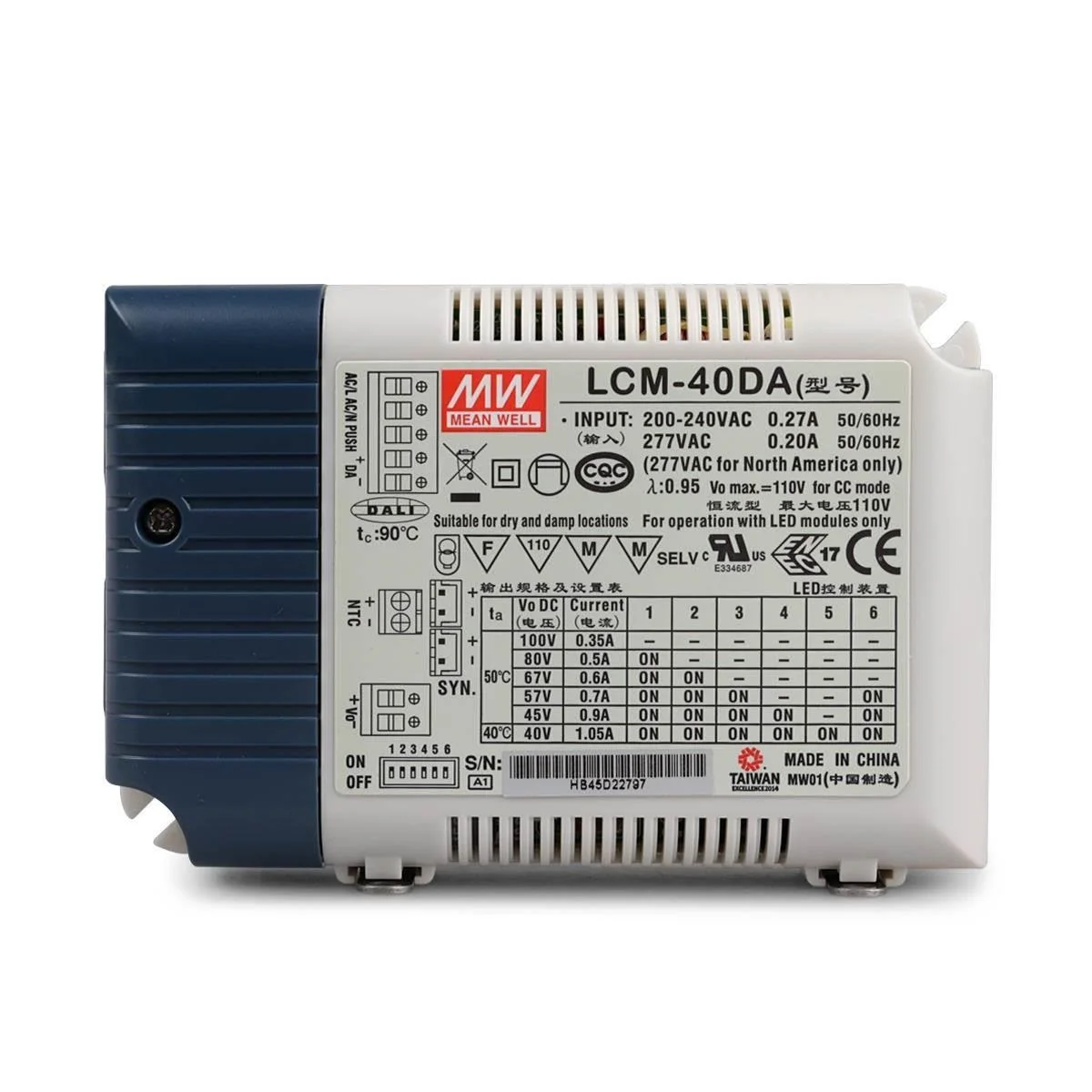 MEAN MELL Power Supply LCM-40DA 40W DALI interface/point-move dimming multi-grade output 3C constant current power supply
MEAN MELL Power Supply LCM-40DA 40W DALI interface/point-move dimming multi-grade output 3C constant current power supply