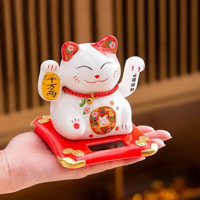

4.5 Inch Ceramic Beckoning Lucky Cat Solar Powered Fortune Cat Waving Arm Maneki Neko Gift Box Home Decoration Zen Centerpiece