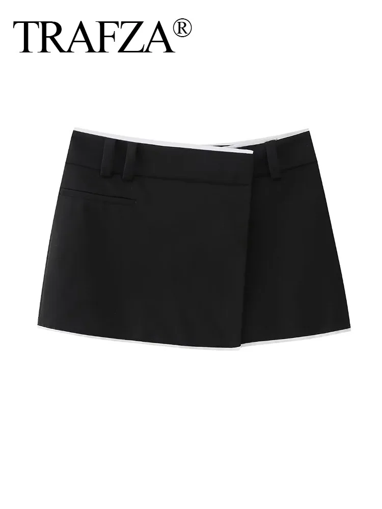 

TRAFZA 2024 Woman Vintage Chic High Waisted A-Line Mini Skirt Shorts Women Asymmetrical Black White Contrast Color Culottes