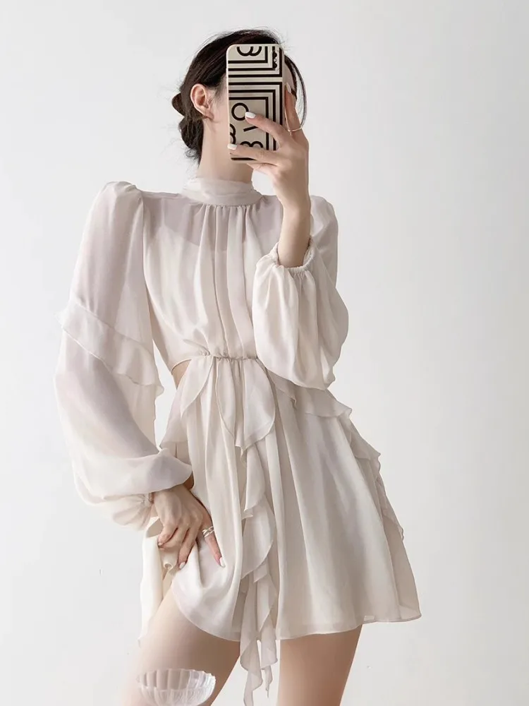 

Half High Neckline Long Sleeved Dress For Women In Early Spring, New Style With A Slim Waist, Gentle And Unique Short Dress