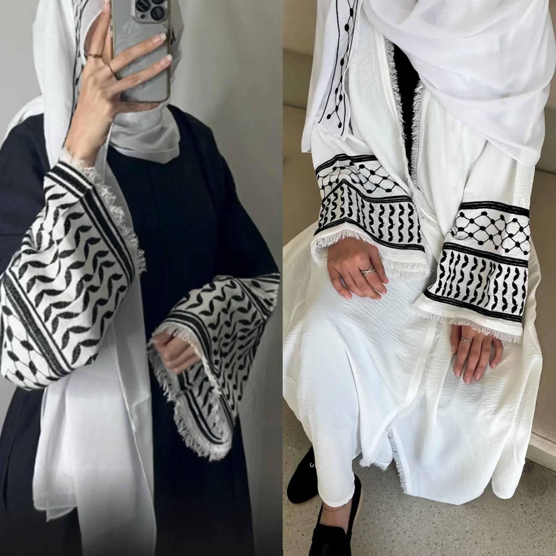 

Abaya Kimono Keffiyeh Palestinian Embroidery Tassels Muslim Open Abayas for Women Dubai Luxury Islam Hijab Dress Kaftan Ramadan