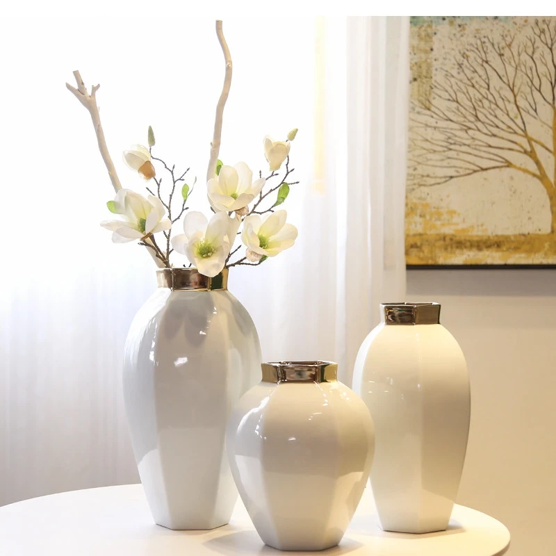 

Home Decoration Vase Ceramic Plating Gold White Vase Living Room Office Furnishings Crafts Countertop Vase Flower Arrangement