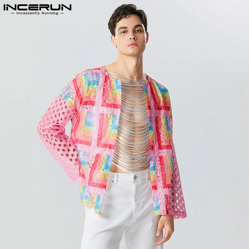 

Stylish Hot Sale Tops INCERUN Men Tracery Patchwork See-through Mesh Shirt Casual All-match Long Sleeved Collarless Blouse S-5XL