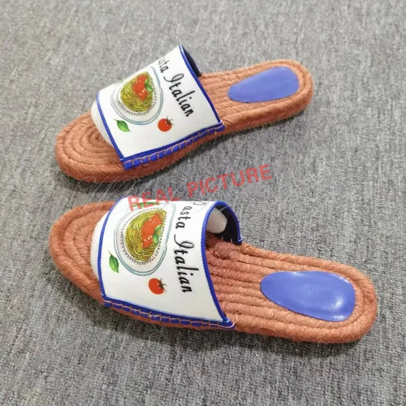 

Beach Slippers Women Flat Straw Woven Summer Print Graffiti Beach Sandals Simple Casual Slingback Mixed Colors Gladiator Shoes