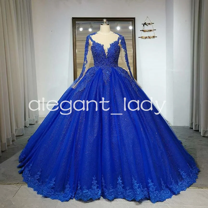 

Royal Blue Illusion Long Sleeve Quinceanera Dresses Backless Corset Lace Applique vestido de 15 años quinceanera 2024 azul