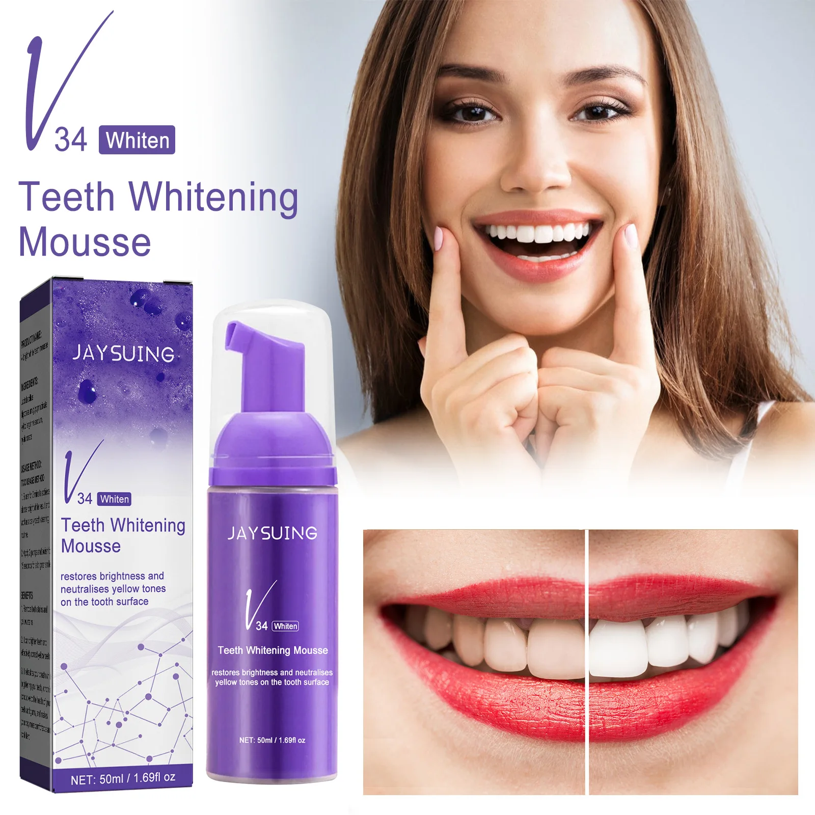 

V34 Mousse Foam Toothpaste Purple Whitening Cleaning Toothpaste Yellow Teeth Removing Tooth Stains Oral Cleaning Hygiene