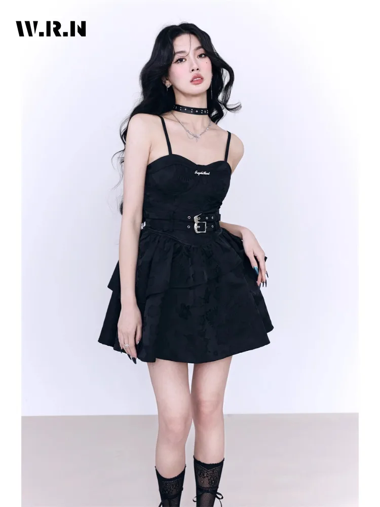 

2024 Summer Women Sexy Belted Design Sheath Black Suspender Dresses Hotsweet High Waist Chiffon Floral Party Club Mini Dress