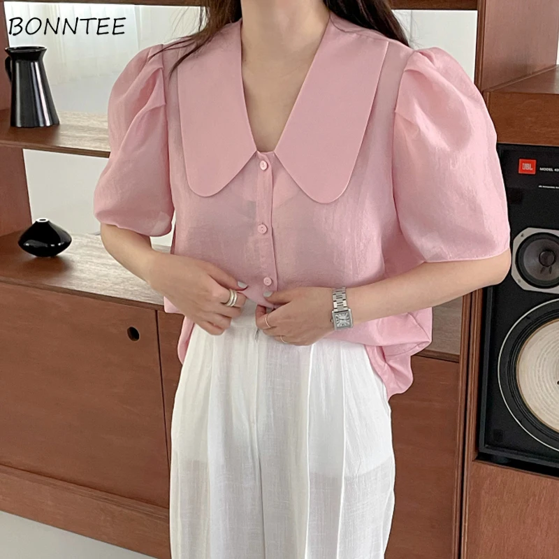 

Shirts Women Solid Peter Pan Collar Casual Korean Style All-match Puff Sleeve Summer Thin Cool Daily Sweet Fashion Elegant New