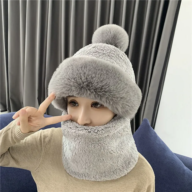

Winter Beanie Scarf Set Hooded For Women Fur Cashmere Neck Warm Russia Outdoor Ski Windproof Hat Thick Plush Fluffy Beanies