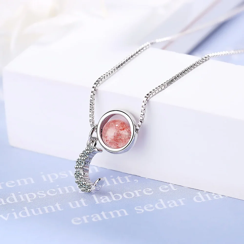 

Korean 925 Sterling Silver Pink Strawberry Crystal Choker Necklace Pendant for Women Wedding Party Jewelry Gift