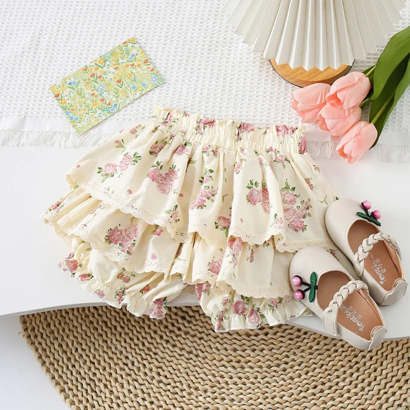 

Girls' Summer Culottes Western Style Floral Cake Pantskirt Thin Princess Shorts Baby Girls' Fashionable Bread Pants Summer Thin-