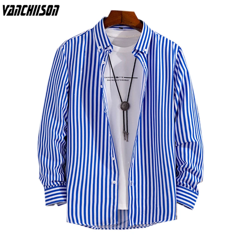 

Men Stripes Shirt for Summer Spring Long Sleeve 100% Polyester Blue Turndown Collar Male Fashion Casual Clothing 00585