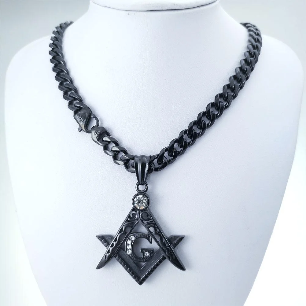 

Rhinestone Black Stainless Steel Freemasonry Masonic Pendant Necklace 9mm Width