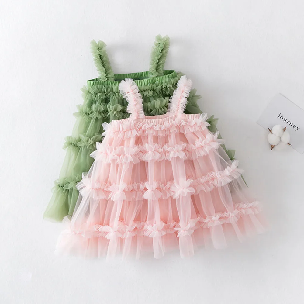 

Baby Girls Tutu Dress Sleeveless Ruched Tulle Toddler Girl Princess Dresses Sling Solid Green Children's Gown 2-6 Years