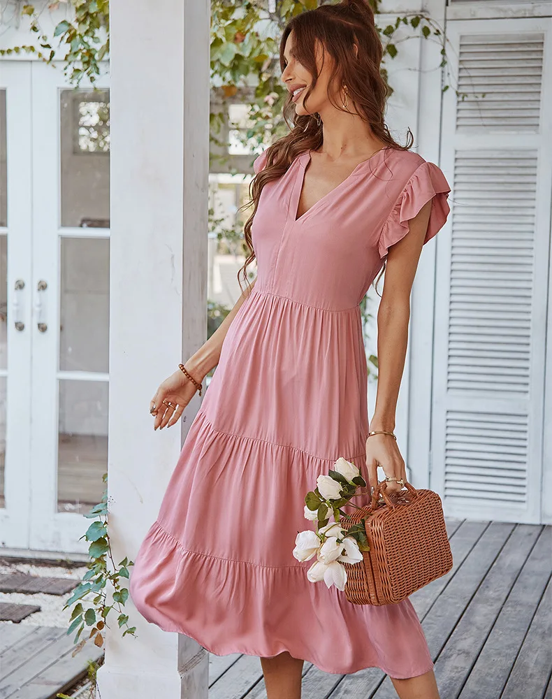 New Women's Spring Summer Leisure Vacation A Line Dress V Neck Sexy Flying Sleeve Solid Color Dresses New Women's Spring Summer Leisure Vacation A Line Dress V Neck Sexy Flying Sleeve Solid Color Dresses