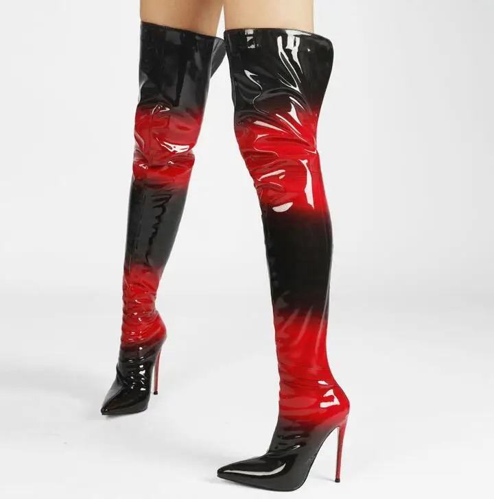 

Sexy Red black Gradient Patent Leather Thigh Boots Female High Stiletto Heel Pointed Toe Long Knight Boots Over Knee Boots