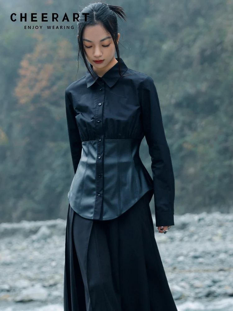 CHEERART Black Pu Leather Patchwork Long Sleeve Shirt For Women Spring 2023 Button Up Collar Tunics Designer Top Fashion Clothes
CHEERART Black Pu Leather Patchwork Long Sleeve Shirt For Women Spring 2023 Button Up Collar Tunics Designer Top Fashion Clothes