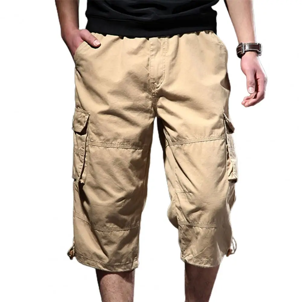 

Summer Trousers Handsome Men Cropped Pants Firm Stitching Mid-calf Length Stretchy Waist Men Cargo Trousers Breathable