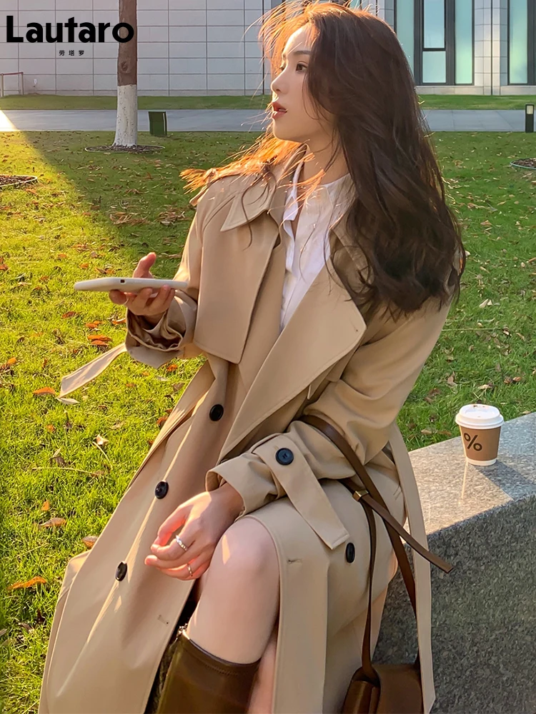 

Lautaro Spring Autumn Long Khaki Black Trench Coat for Women Raglan Sleeve Belt Double Breasted Luxury Korean Style Fashion 2022