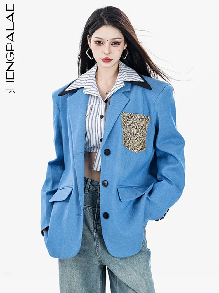 

SHENGPALAE Fashion Chic Pocket Spliced Blazers For Women Autumn 2023 New Notched Collar Single Breasted Loose Suit Coat 5R7630