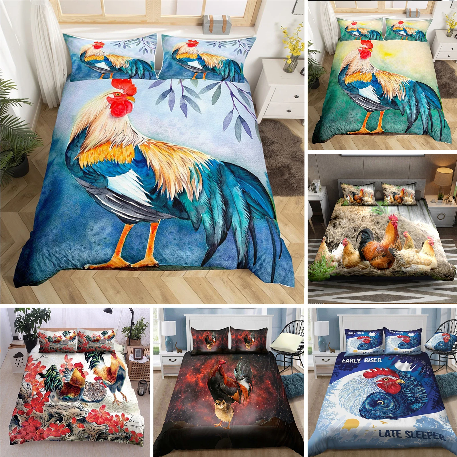 

Rooster Bedding Set Farm Animal Duvet Cover Full King Queen Size Microfiber 2/3PCS Farmhouse Chicken Quilt Cover With Pillowcase