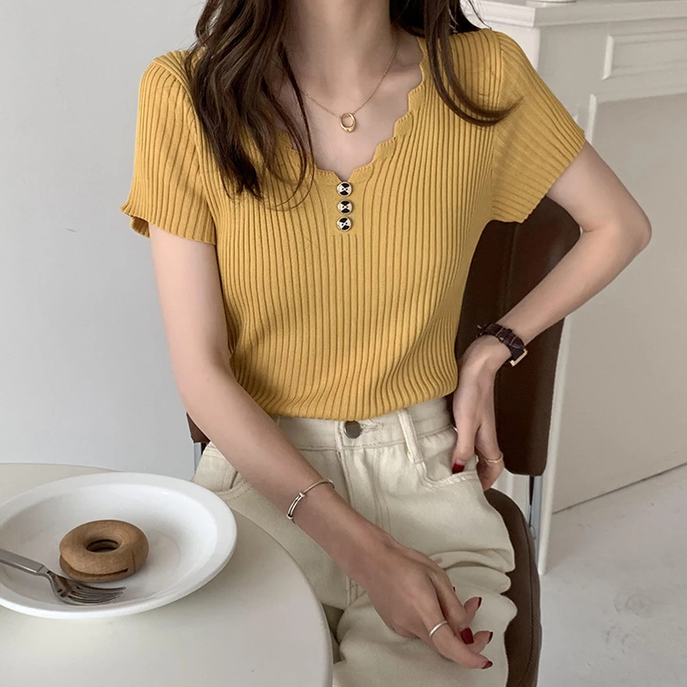 

Solid Slim Thin Short Sleeved Knit T-shirt Size S-2XL Orange Yellow Green Flower Collar Shirt for Women Casual Blouse Blusas