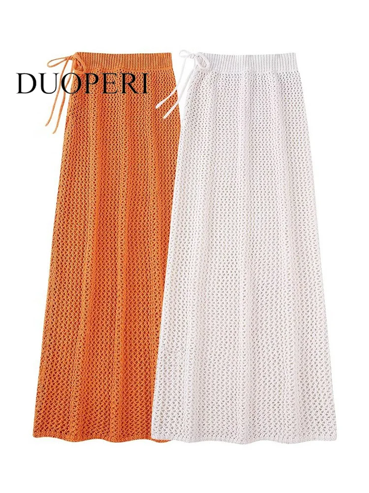 DUOPERI Women Fashion Solid Lace Up Hollow Out Knitted Midi Skirts Vintage High Elastic Waist Female Chic Lady Skirt
DUOPERI Women Fashion Solid Lace Up Hollow Out Knitted Midi Skirts Vintage High Elastic Waist Female Chic Lady Skirt