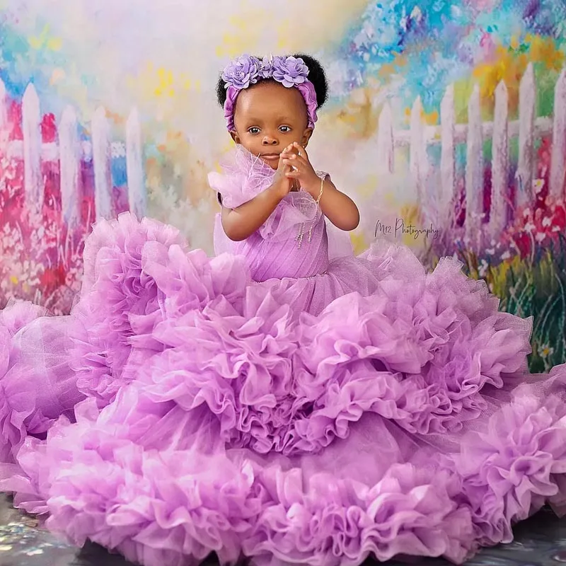 

Pretty Lush Ruffled Mesh Baby Ball Gowns Fully Tiered Ruffles Pleated Kids Tulle Dresses Lavender Long Africa Party Dress Girls